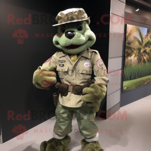 Gray Green Beret mascot costume character dressed with a Oxford Shirt and Bracelet watches