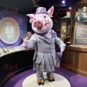 Lavender Pig mascot costume character dressed with a Wrap Skirt and Cufflinks