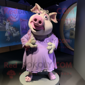 Lavender Pig mascot costume character dressed with a Wrap Skirt and Cufflinks