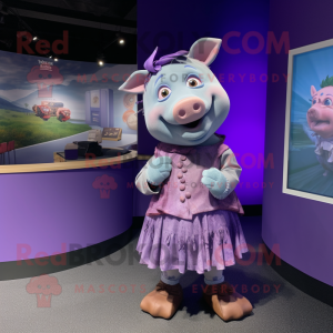 Lavender Pig mascot costume character dressed with a Wrap Skirt and Cufflinks