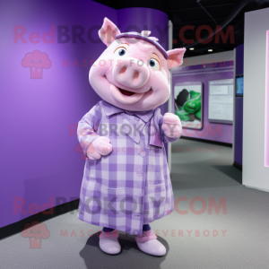 Lavender Pig mascot costume character dressed with a Wrap Skirt and Cufflinks