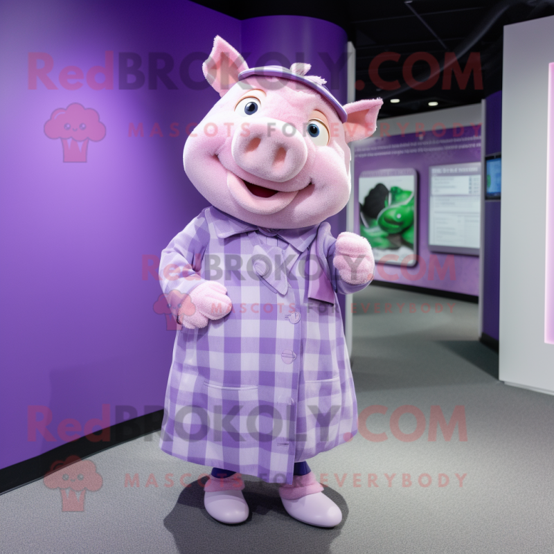 Lavender Pig mascot costume character dressed with a Wrap Skirt and Cufflinks Lavender Pig mascot costume character dressed with a Wrap Skirt and Cufflinks