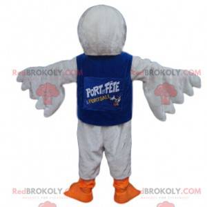 Hvit fuglemaskot med blå trøye - Redbrokoly.com