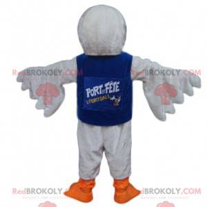 Weißes Vogelmaskottchen mit einem blauen Trikot - Redbrokoly.com