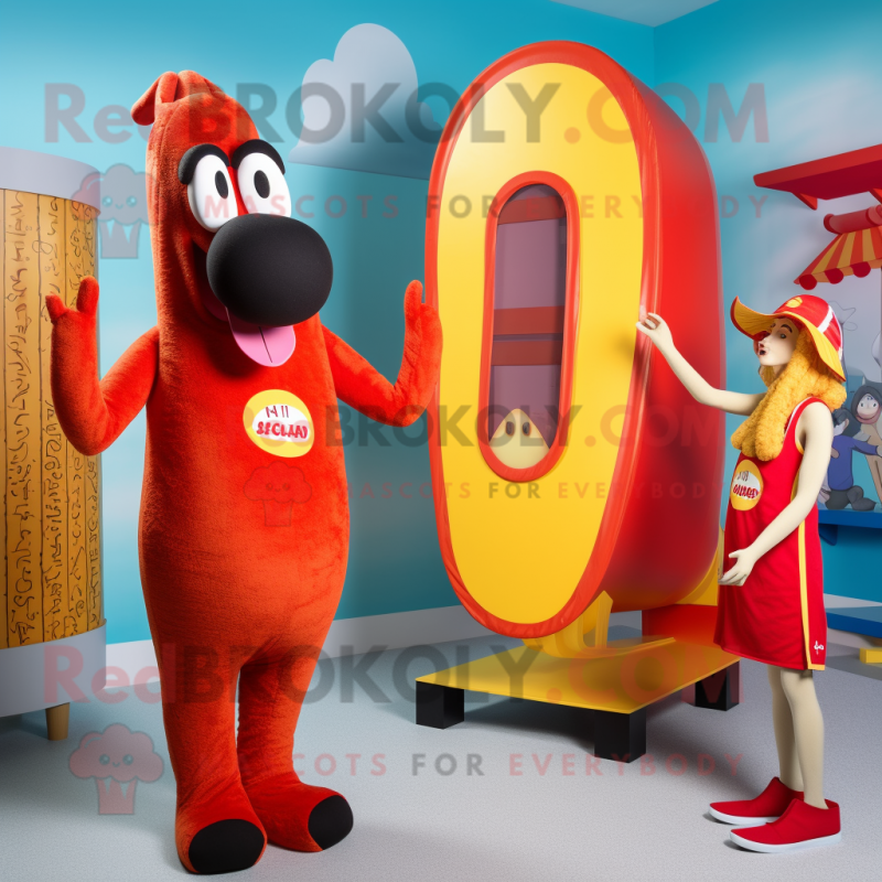 Red Hot Dogs mascot costume character dressed with a One-Piece Swimsuit and Cummerbunds Red Hot Dogs mascot costume character dressed with a One-Piece Swimsuit and Cummerbunds