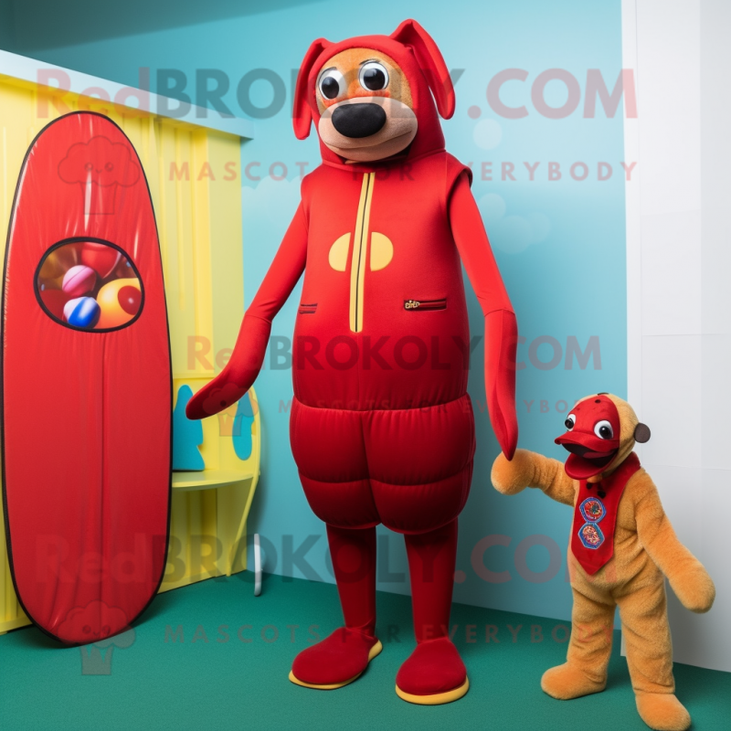 Red Hot Dogs mascot costume character dressed with a One-Piece Swimsuit and Cummerbunds Red Hot Dogs mascot costume character dressed with a One-Piece Swimsuit and Cummerbunds