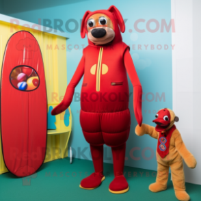 Red Hot Dogs mascot costume character dressed with a One-Piece Swimsuit and Cummerbunds