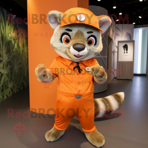 Orange Civet mascot costume character dressed with a Romper and Berets