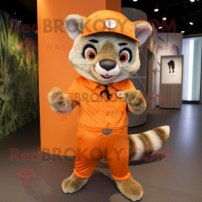 Orange Civet mascot costume character dressed with a Romper and Berets