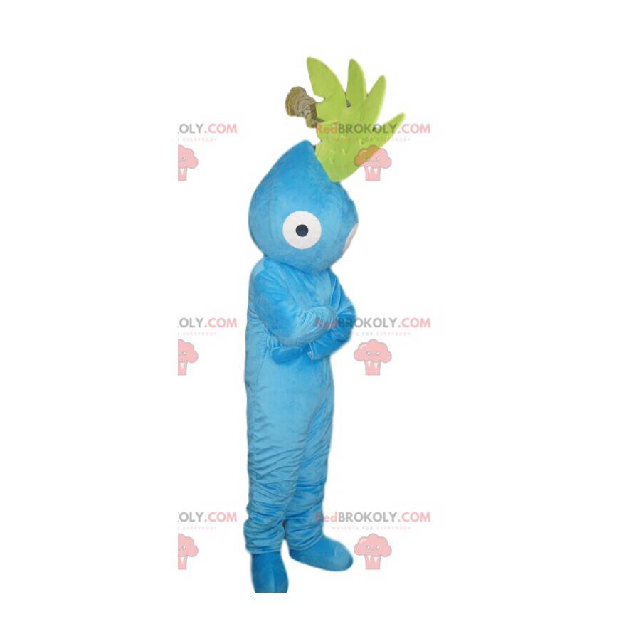 Mascotte de personnage bleu aqua avec une crête verte -
