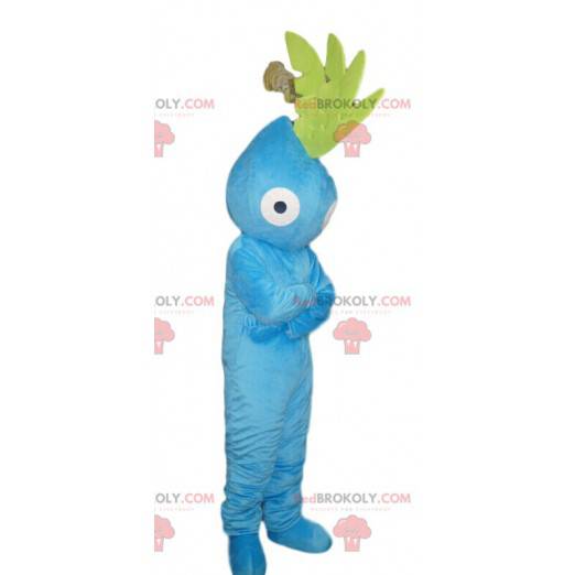 Aqua blauw karakter mascotte met een groene kuif -