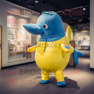 Yellow Blue Whale mascot costume character dressed with a Overalls and Coin purses