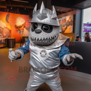 Silver Nachos mascot costume character dressed with a Moto Jacket and Caps