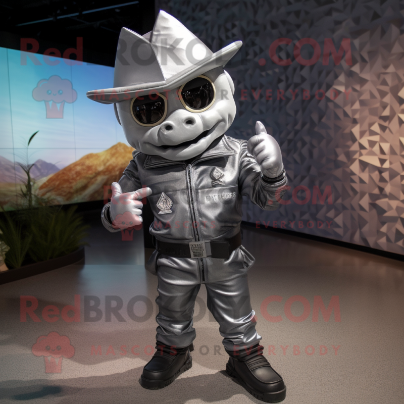 Silver Nachos mascot costume character dressed with a Moto Jacket and Caps Silver Nachos mascot costume character dressed with a Moto Jacket and Caps