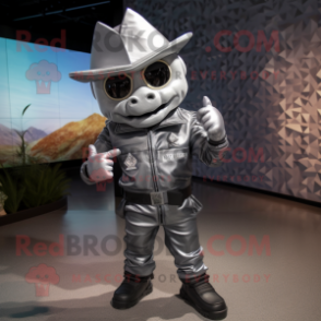 Silver Nachos mascot costume character dressed with a Moto Jacket and Caps