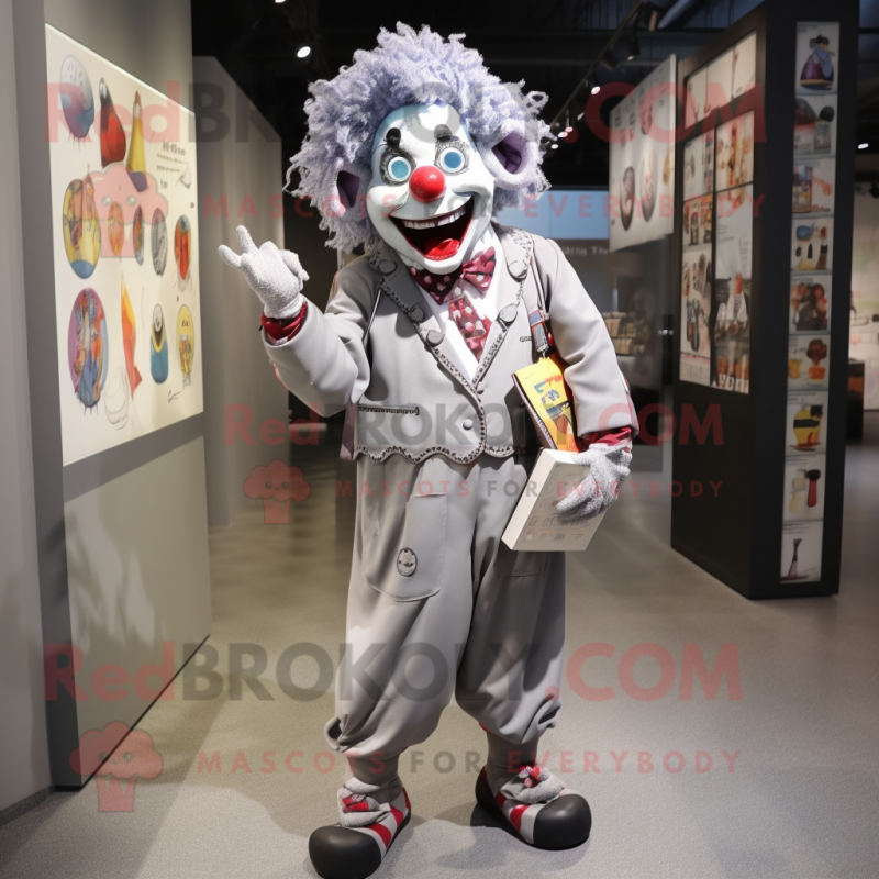 Gray Clown mascot costume character dressed with a Jumpsuit and Messenger bags