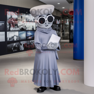 Silver Navy Soldier mascot costume character dressed with a Wrap Dress and Reading glasses