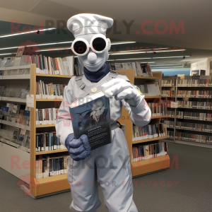 Silver Navy Soldier mascot costume character dressed with a Wrap Dress and Reading glasses