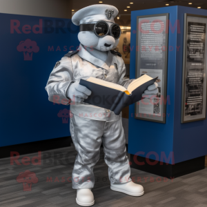 Silver Navy Soldier mascot costume character dressed with a Wrap Dress and Reading glasses