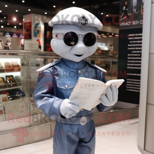Silver Navy Soldier mascot costume character dressed with a Wrap Dress and Reading glasses