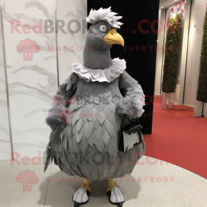 Gray Hens mascot costume character dressed with a Evening Gown and Clutch bags