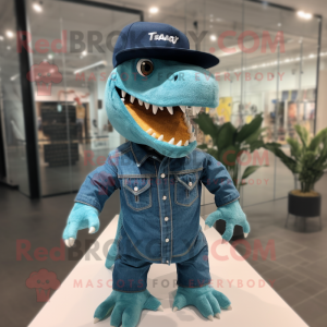 Teal T Rex mascot costume character dressed with a Denim Shorts and Hat pins