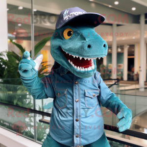 Teal T Rex mascot costume character dressed with a Denim Shorts and Hat pins