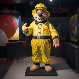 Yellow Clown mascot costume character dressed with a Bomber Jacket and Berets