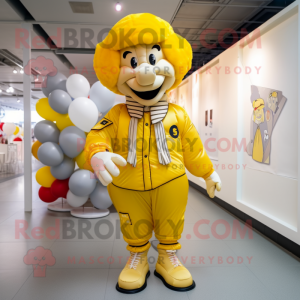 Yellow Clown mascot costume character dressed with a Bomber Jacket and Berets