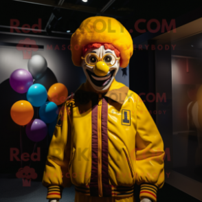 Yellow Clown mascot costume character dressed with a Bomber Jacket and Berets