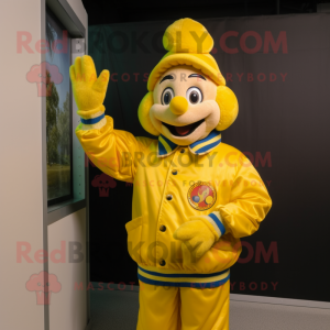 Yellow Clown mascot costume character dressed with a Bomber Jacket and Berets