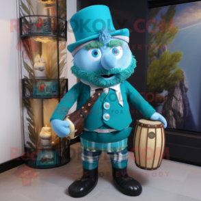 Cyan Bagpipe mascot costume character dressed with a Waistcoat and Clutch bags