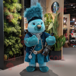 Cyan Bagpipe mascot costume character dressed with a Waistcoat and Clutch bags