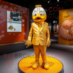 Gold Mandarin mascot costume character dressed with a Dress Pants and Hairpins