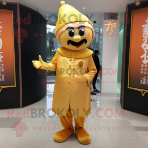 Gold Mandarin mascot costume character dressed with a Dress Pants and Hairpins