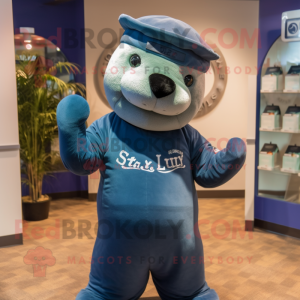 Navy Stellar'S Sea Cow mascot costume character dressed with a Henley Shirt and Rings