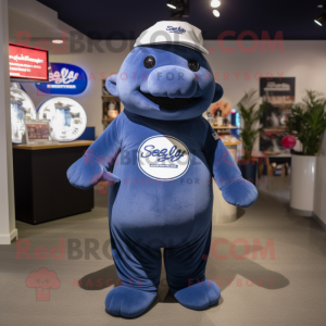Navy Stellar'S Sea Cow mascot costume character dressed with a Henley Shirt and Rings