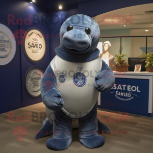 Navy Stellar'S Sea Cow mascot costume character dressed with a Henley Shirt and Rings