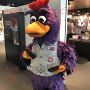 Purple Roosters mascot costume character dressed with a Button-Up Shirt and Wallets