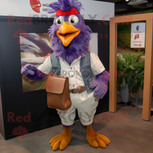 Purple Roosters mascot costume character dressed with a Button-Up Shirt and Wallets