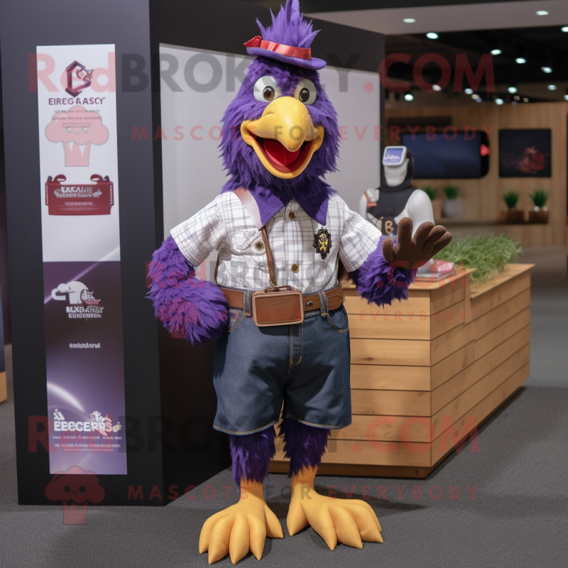 Purple Roosters mascot costume character dressed with a Button-Up Shirt and Wallets