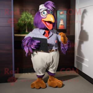 Purple Roosters mascot costume character dressed with a Button-Up Shirt and Wallets