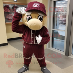 Maroon Baseball Glove mascot costume character dressed with a Hoodie and Scarves