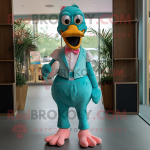 Teal Flamingo mascot costume character dressed with a Overalls and Bow ties