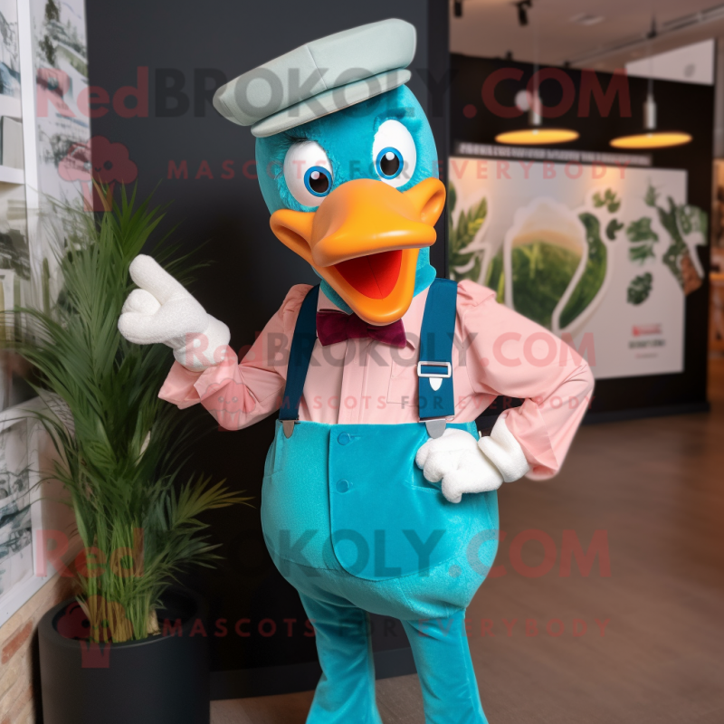 Teal Flamingo mascot costume character dressed with a Overalls and Bow ties