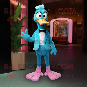 Teal Flamingo mascot costume character dressed with a Overalls and Bow ties