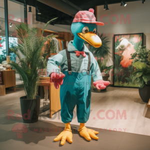 Teal Flamingo mascot costume character dressed with a Overalls and Bow ties