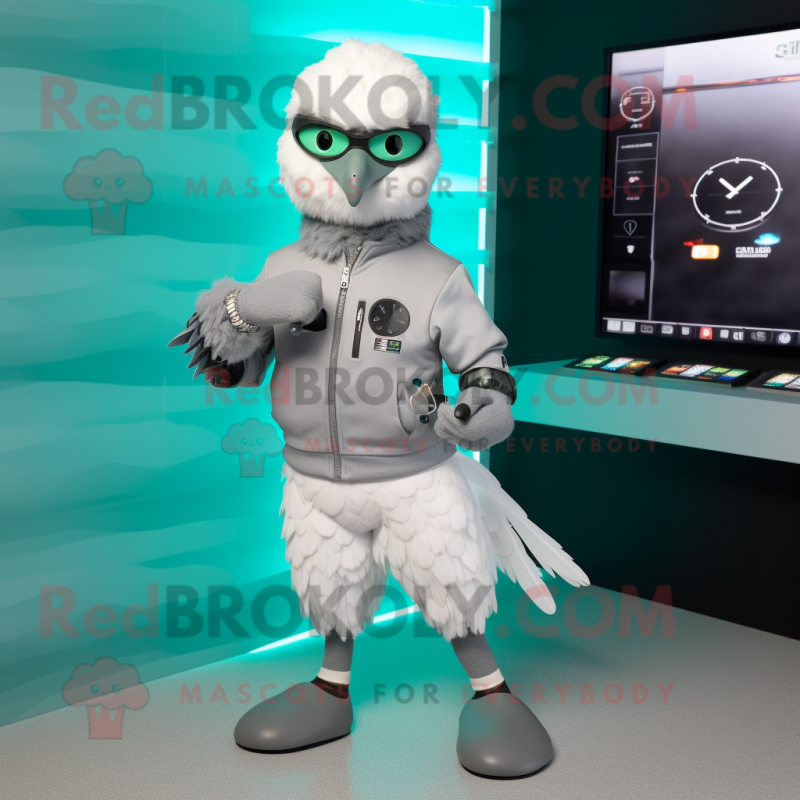 Gray Pigeon mascot costume character dressed with a Joggers and Digital watches