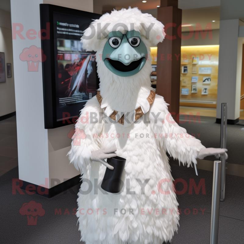 White Emu mascot costume character dressed with a Dress and Hat pins