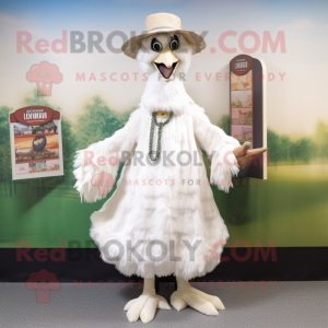 White Emu mascot costume character dressed with a Dress and Hat pins